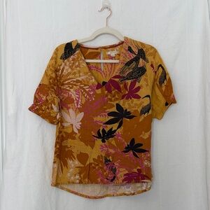 White Stuff Floral V-Neck Short Sleeve Blouse in Mustard, UK10, EU38